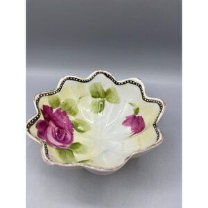 Vtg Nippon 3 footed Trinket DIsh Hand Painted Floral Japan